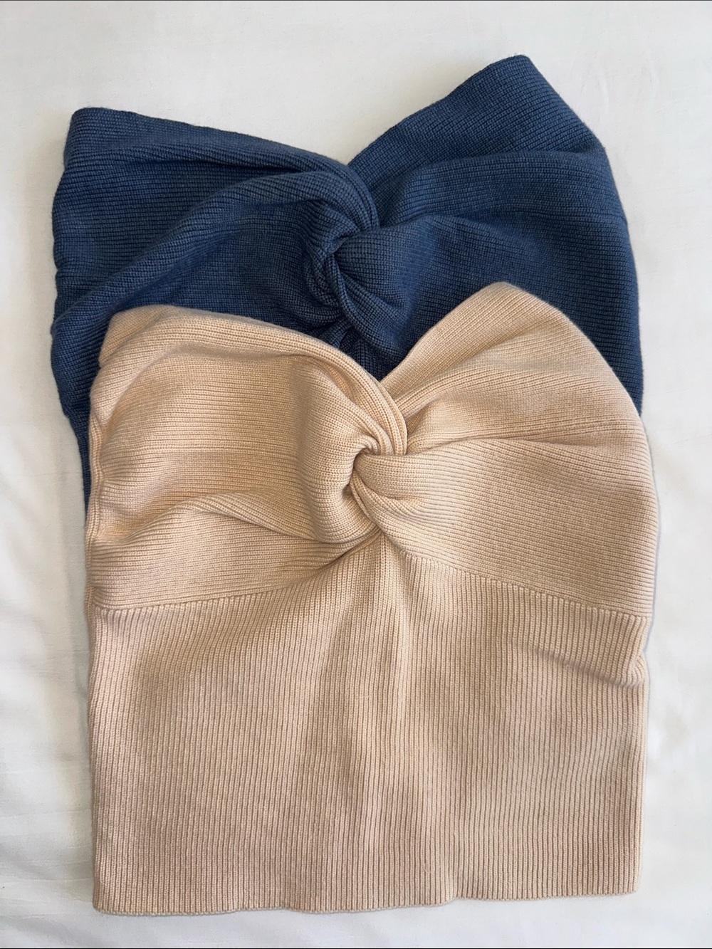 Knot-Front Ribbed sweetheart strapless top bundle — Cream and Blue